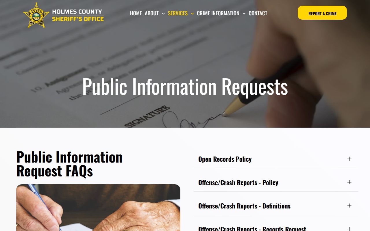 Holmes County public information request page for jail booking records